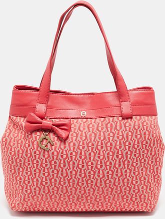 Aigner Rose Red Signature Canvas And Leather Bow Tote