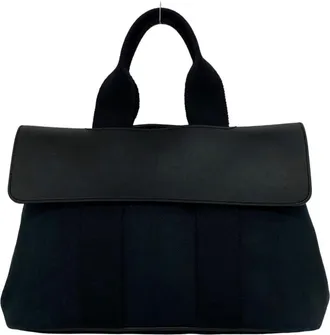Herm&egrave;s Black Toile Chevron Handbag Tote Bag (Pre-Owned)