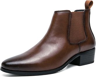 Generic Mens Leather Pointed Toe Chelsea Boots Slip-On Dress Ankle Boots Waterproof Non-Slip Block Heel Short Shoes for Autumn Winter,Brown,7.5 UK