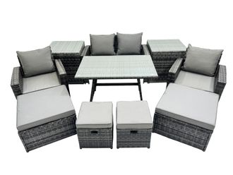 Fimous 8 Seater Outdoor Table Double Seat Sofa 2 Side Tables 4 Stools Set in Dark Grey