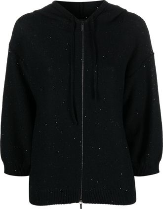 Fabiana Filippi three-quarter sleeve knitted hoodie - women - Polyester/Linen/Flax/Cotton - 40 - Black