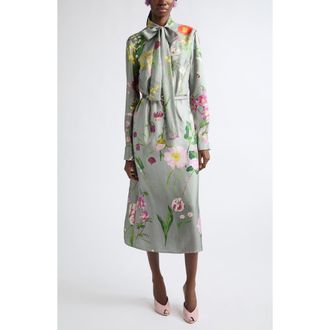 Oscar De La Renta Floral Print Long Sleeve Silk Midi Dress in Grey Multi at Nordstrom, Size 10