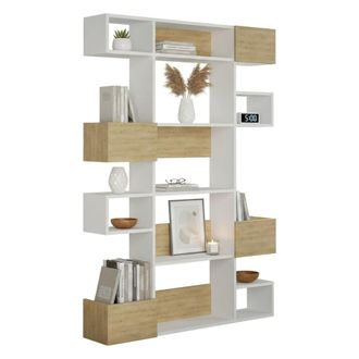 Dmora Dmora - Estante Para Libros Thetis, Estante De Oficina, Porta Libros M&oacute;vil, Biblioteca, 120x25h171 Cm, Blanco Y Roble, Con Embalaje Reforzado