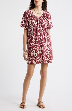 Nordstrom Shirred Linen Blend Minidress in Beige- Burgundy Fira Bloom at Nordstrom, Size Xx-Small