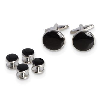 Diamond2Deal Rhodium-plated Black Enameled Cuff Link and Tuxedo Studs Set