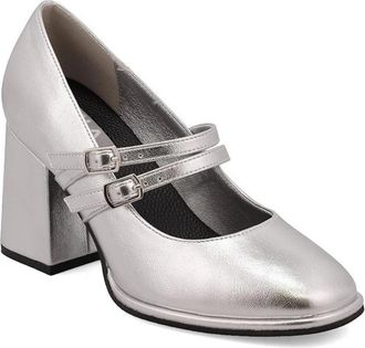 Mia Neela Pumps Womens Silver Faux Leather Adjustable Strap Block Heel HTAT1067