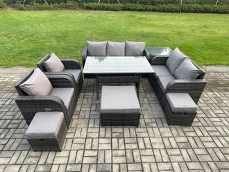 Fimous 10 Seater Garden Rattan Furniture Dining Table Sofa Set Indoor Outdoor with 2 Reclining Chairs Side Table 3 Footstools Dark Grey Mixed