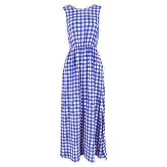 Diane Von F&uuml;rstenberg Check Print Sleeveless Cinched Waist Maxi Dress in Blue Silk