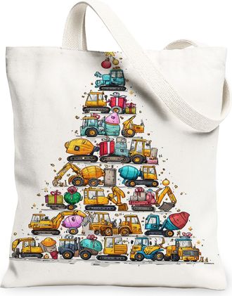 Generic Christmas Vehicle Canvas Tote Bags, Fun Trucks Pattern Reusable Grocery Bags, Lightweight Washable Shoulder Strap Canvas Fo, White, 13x15 Inch