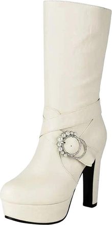 Generic Womens Classic Mid Calf Boots Round Toe Super High Chunky Heel Platform With Pearl Accents Stylish Footwear