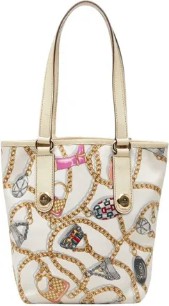Gucci Multi-Color White Nylon Leather Handbag Tote Bag (Pre-Owned)