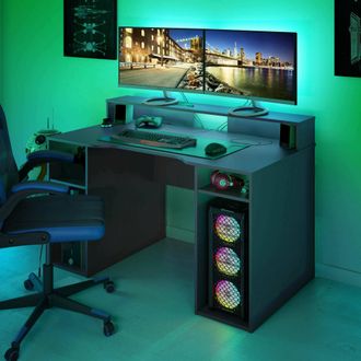 Dmora Dmora - Escritorio Dlucum, Escritorio Moderno De Gaming, Mesa De Estudio Para Pc Y Porta Cd, Mesa De Estudio Con Baldas, 136x67h88 Cm, Antracita