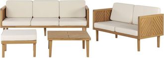 Beliani 5 Piece Modern Garden Conversation Set Acacia Wood Coffee Table Ottoman Light Beige Cushions Baratti