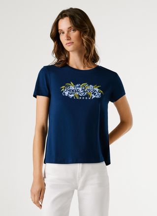 Pepe Jeans London T-Shirt PEPE JEANS MAHINA, Damen, Gr. XL, deep sea blau, Single Jersey, Obermaterial: 100% Baumwolle, bedruckt, regular fit h&uuml;ftlang, Rundhals, Shirts