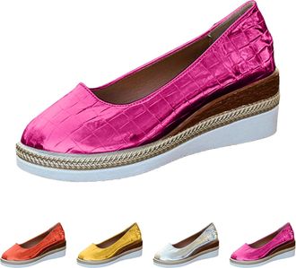 Generic Womens Platform Espadrilles Wedge Shoes Slip On Closed Round Toe Casual Shiny Pumps Dressy Women Chunky Block High Heel Orthopedic Shoes Solid Low Top