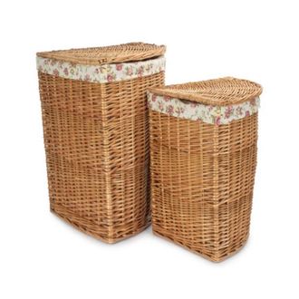 Red Hamper Set of 2 Wicker Corner Laundry Baskets with Garden Rose Lining in Brown