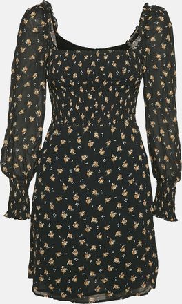Maje Black Floral Print Crepe Smocking Detail Mini Dress