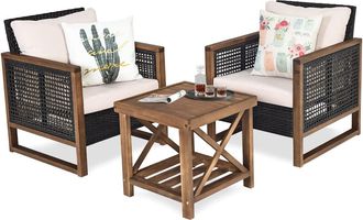 Costway Costway Conjunto De Muebles De Rat&aacute;n De Jard&iacute;n De 3 Piezas, Mesa De Caf&eacute; De Madera De Acacia Y 2 Sillas De Rat&aacute;n Pe, Terraza, Patio