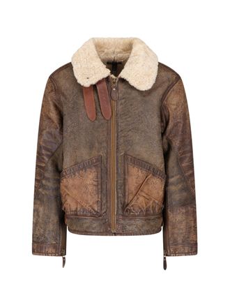 Polo Ralph Lauren Distressed Brown Leather Bomber Jacket With Shearling Collar