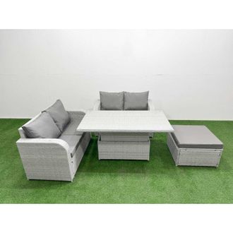 Fimous 5 Seater Outdoor Love Sofa Set Rattan Garden Furniture Set with Adjustable Lifting Dining or Coffee Table Big Footstool Side Table Light Grey - Fimous