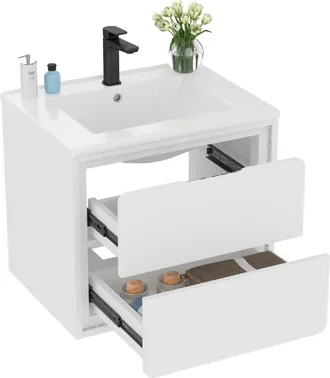 STILVORA Mueble De Ba&ntilde;o Suspendido Con 2 Cajones, Luz Con Sensor Radar, Lavabo Integrado De Cer&aacute;mica, Para Ba&ntilde;o, En Mdf, Blanco, 60x46x50 Cm