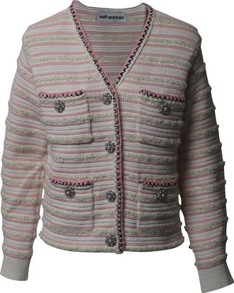 Self Portrait Rhinestone-Embellished Striped Cardigan In Pink Cotton