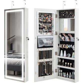 Costway Costway - Armadietto Portagioie da Parete, Specchio Portagioie con Luci led, Contenitore per Gioie Salvaspazio con Serratura e 3 Ripiani, Specchiera