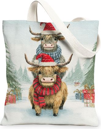 Generic Winter Cattle Canvas Tote Bags, Rustic Animal Pattern Reusable Grocery Bags, Holiday Lightweight Washable Canvas for Travel, White, 13x15 Inch