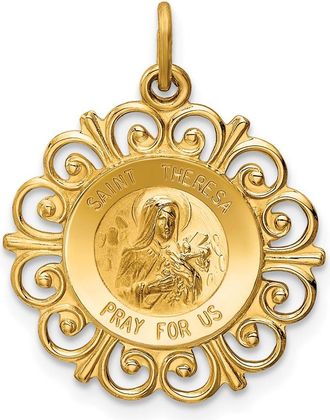 Diamond2Deal 14k Yellow Gold and Satin Solid Saint Theresa Medal Scalloped Edge Round Charm Pendant