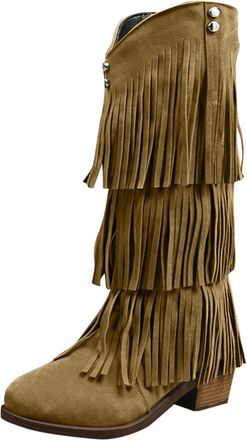 Generic Tassel Cowboy Boots for Women Winter Flat Suede Mid Calf Booties Chunky Heel Fringe Boot Mid Length Shoes Wide Calf Fashion Ladies Cowgirl Boots Casua