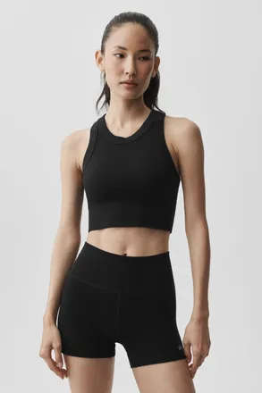 Alo | Seamless Modal Ribbed High Neck Delight Bra Tank Top in Black, Size: Medium