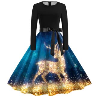 Generic Womens Christmas Dress Multi Colored Vintage Printed Holiday Long Sleeve Cocktail Dress Winter Dresses for Women 2025 Party Dresses with Novelty Chris