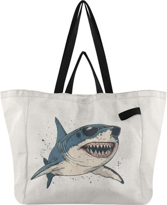 Generic Sunglasses Shark Beige print Reusable Canvas Tote Bag, Heavy Duty Grocery Shopping Bag with Large Capacity Hard Bottom Double Handles Work Groceries T