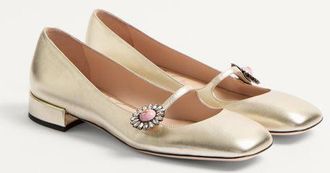 Valentino Garavani Ballerina Mary-Jane Preshoes In Nappa Laminata Con Bottone Gioiello 20Mm Donna PLATINO/CRYSTAL 37.5