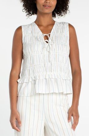 Liverpool L.A. Stripe Smocked Tie Sleeveless Cotton Tank in Cream/blue Multi Stripe at Nordstrom, Size X-Small