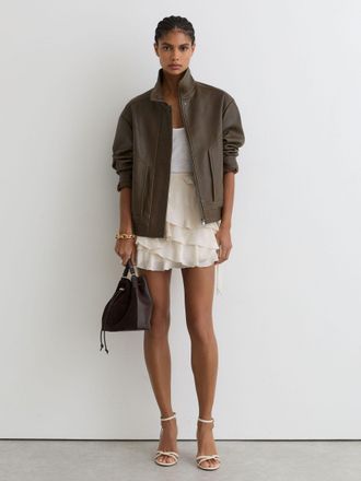 Reiss Cream Jacquard Ruffled Mini Skort, 16