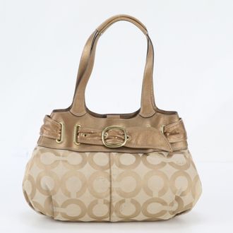 Coach Beige Gold Leather Canvas Handbag Shoulder Bag Tote Bag (Pre-Owned)
