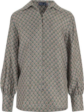 Polo Ralph Lauren Shirts, female, Green, Size: L Long Sleeve Collared Silk Blouse