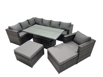 Fimous 9-seater Rattan Garden Furniture Dining Set with 2 Big Stool in Dark Grey