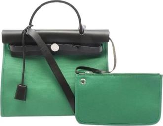 Herm&egrave;s Pre-owned Herbag Zip PM Toile Officier Vache Hunter 2way Handbag - Dames - Vintage Schoudertas - Groen - ONE Size - Leer - Vintage