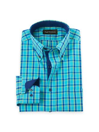 Paul Fredrick Comfort Stretch Non-iron Windowpane Dress Shirt With Contrast Trim