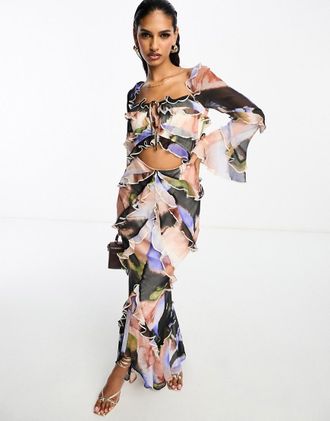 Asos milkmaid ruffle cut out maxi dress with flare sleeve in watercolor print-Multi