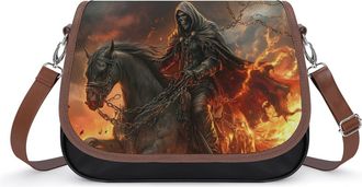Generic Grim Reaper in Horse Flames Crossbody Bag Womens Handbag PU Message Bags Shoulder Purse with Adjustable Strap