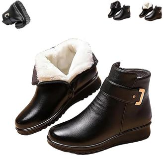 Generic Womens Metal Buckle Leather Wool Orthopedic Boots - Waterproof Winter Snow Boots with Side Zipper & Non-Slip Sole Orthopedic Ankle Boots for Women (Bl