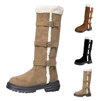 Generic Womens Suede Winter Snow Boots Faux Fur Lined Mid-Calf Boots with Adjustable Buckle Ladies Chunky Low Heel Platform Shoes Comfort Round Toe Walking Sh