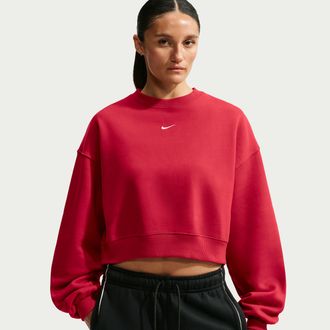 Nike Womens Studio Fleece Medium Weight Oversized Cropped Crew in Red | IM8497-608