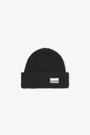 Ganni Black Oversized Wool Rib Knit Beanie