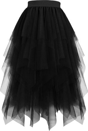 Generic Women High Waist Tulle Tutu Skirt Mesh Layered Pleated A-Line Midi Skirt Summer Casual Solid Color Mesh Dress Gauze Tiered Swing Skirts Elastic Waiste