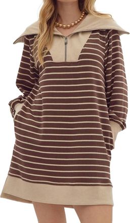 Entro Ribbed Zip Up Long Sleeve Mini Dress In Brown