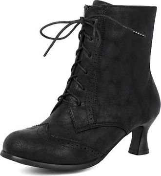 Generic Womens Retro Brogue Lace-Up Ankle Boots Faux Leather Kitten Heel Comfortable Fit Non-Slip Wear-Resistant Sole for Daily Date Vintage Style,Black,2.5 U